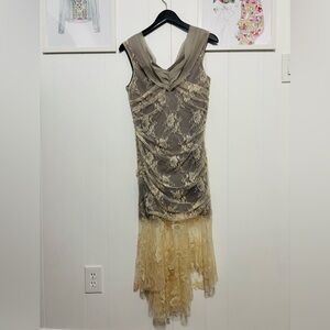 Elegant Lace Overlay Gown in Cream and Gray